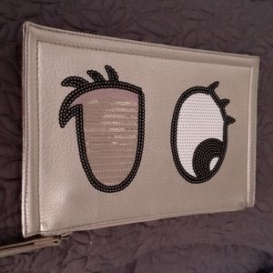 Clutch/wristlet,gold rectangular,with black,white and pink sequin details.